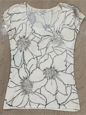 Cache White Floral Short Sleeve Top